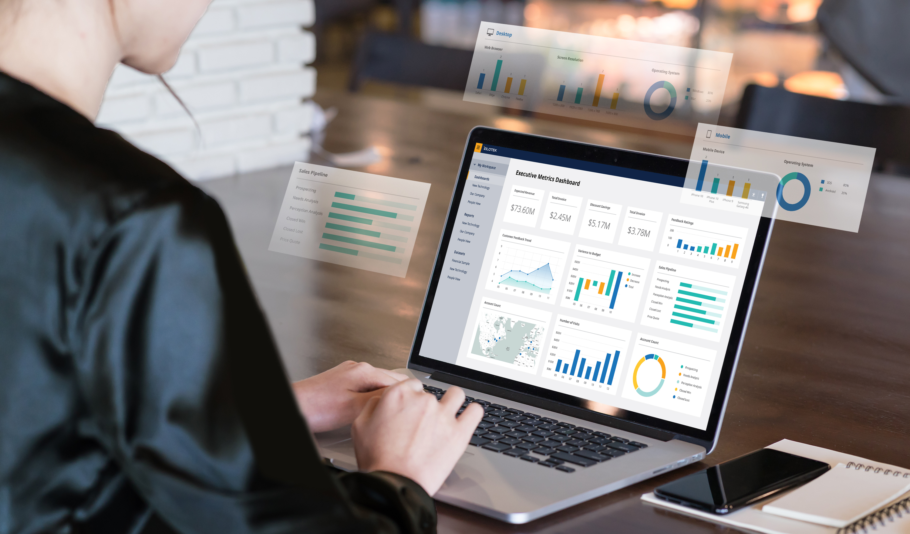 Digital experience platforms transform A businesswoman looks at a laptop showing a dashboard of digital experience metrics.