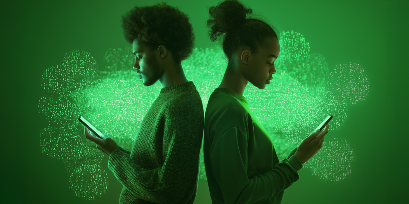 A man and a woman standing back-to-back holding phones to represent A/B testing for lead generation