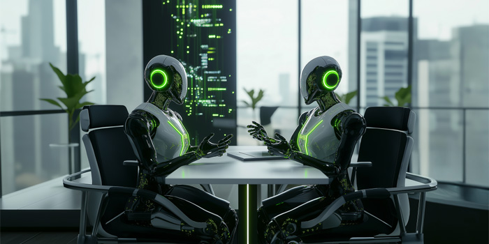 Two AI Agent robots sitting across from each other at a table having a discussion.