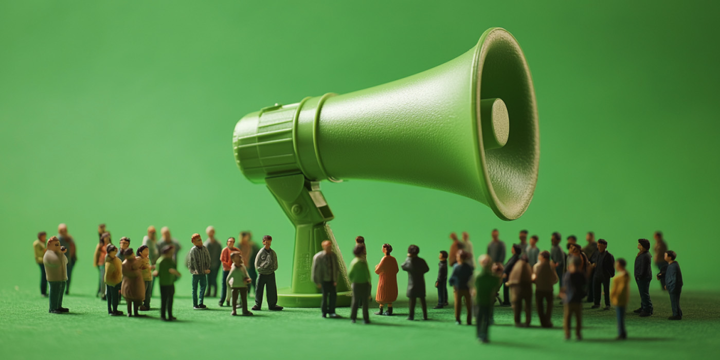 Group of people gathered around a very large megaphone to represent brand messaging