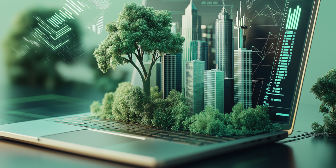 Open laptop with 3D pop-up of tall buildings and trees coming up from screen and keyboard.